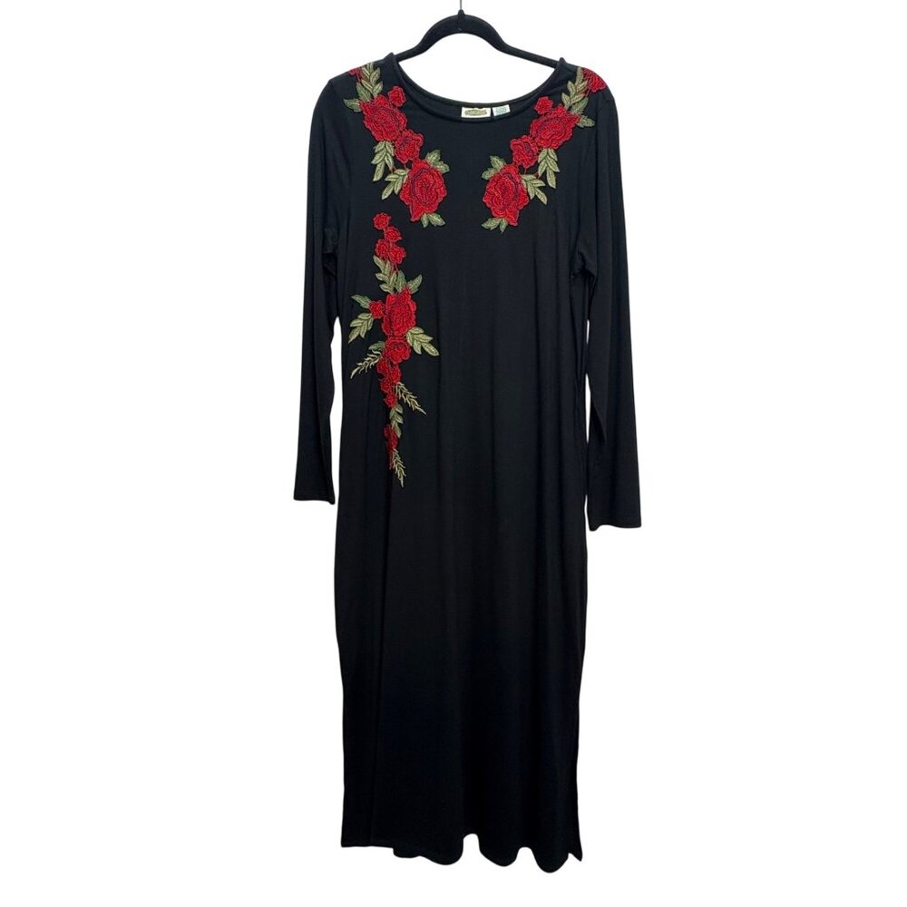Collections Etc Black Dress Embroidered Red Roses Floral Med Slinky Stretch VTG